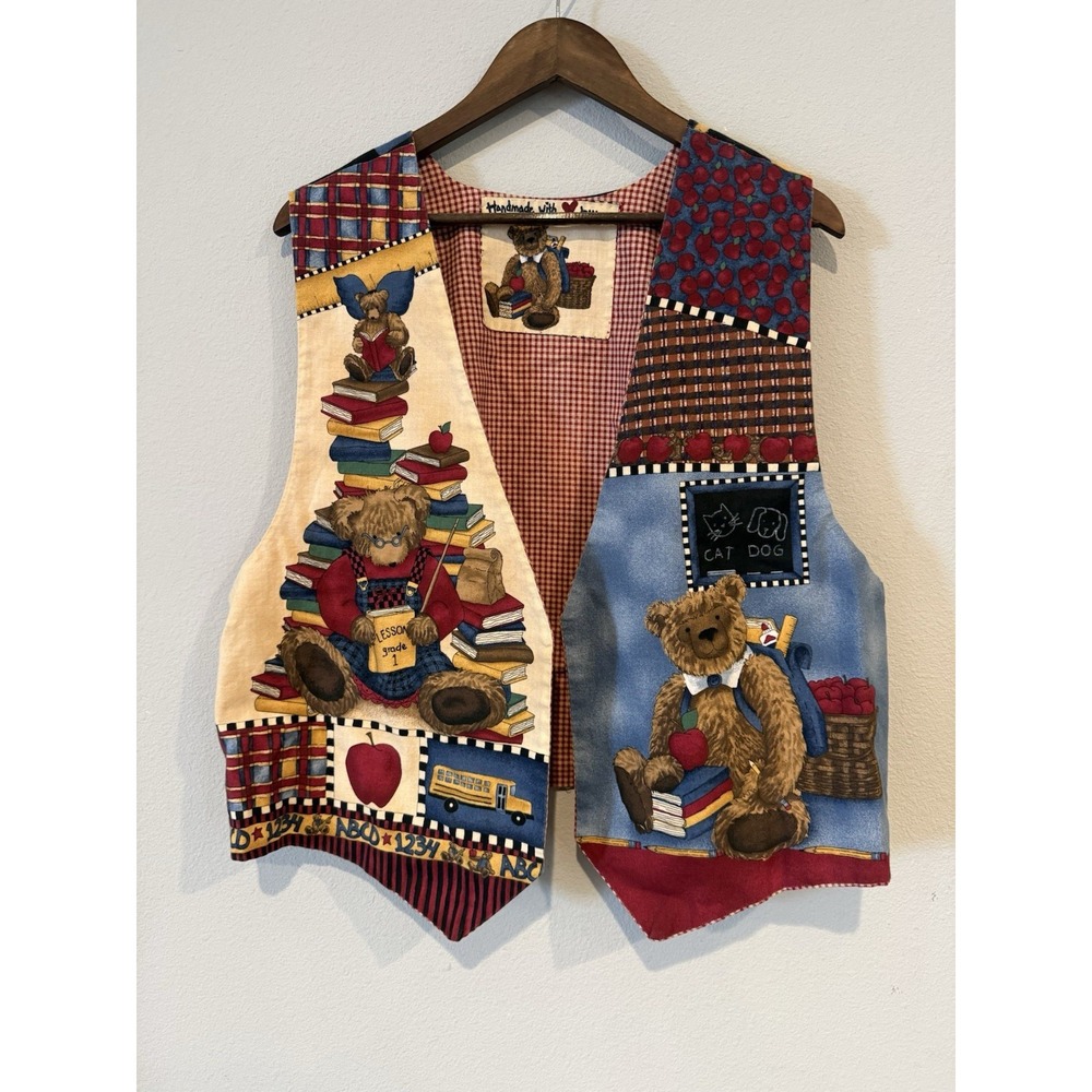 Vintage Handmade Teacher Vest Women XL Teddy Bear School Apple Novelty Print